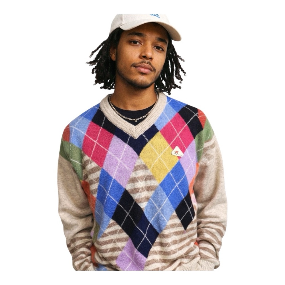 VTG Monte Carlo Multicolor Argyle Lambswool V Neck Sweater Beige Knit Unisex  42